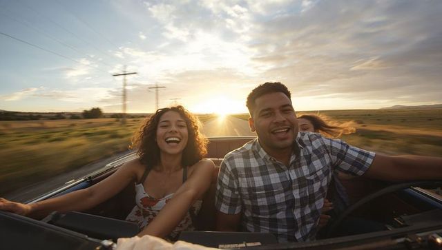 Driving convertible at sunset laughing couple wearing plaid shirt and sundress on rural highway