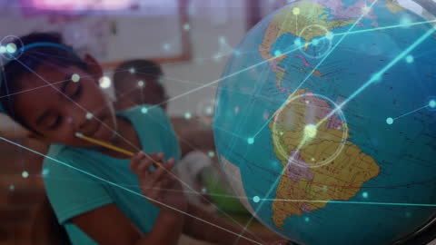 Digital Connections Overlay on Student Studying Geography with Globe