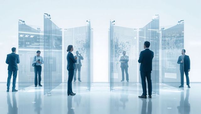 Corporate team interacting with transparent data panels in futuristic tech lab