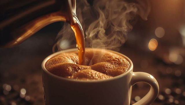 Pouring Hot Coffee into Ceramic Mug with Rising Steam and Roasted Beans