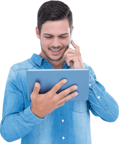 smiling man using tablet while talking on phone transparent background - Download Free Stock Videos Pikwizard.com