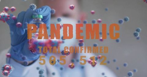 Holding vaccine vial amid floating coronavirus particles and pandemic statistics overlay