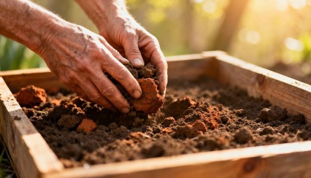 Hands breaking clay clumps, pressing soil in wooden raised planter during golden hour
