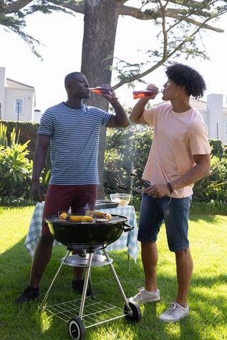 Friends Relaxing with BBQ and Drinks in Sunny Garden Setting