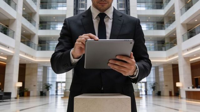 Executive using tablet on marble plinth in modern office atrium for corporate presentation