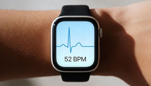 Smartwatch displaying ecg waveform and 52 bpm on wrist with black band for wearable health monitorin