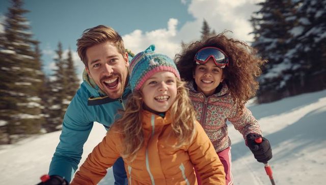 Happy family skiing on snowy mountain slope enjoying winter sports