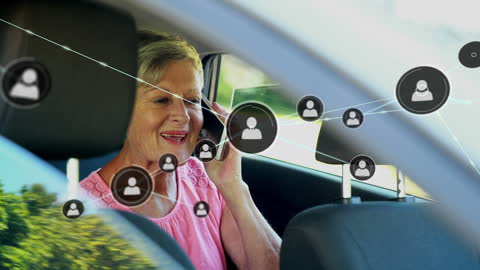 Senior Woman on Smartphone with Network Concept Car