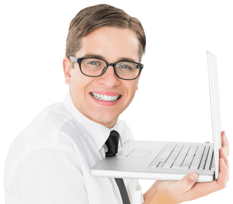 transparent office worker holding laptop smiling brightly - Download Free Stock Videos Pikwizard.com