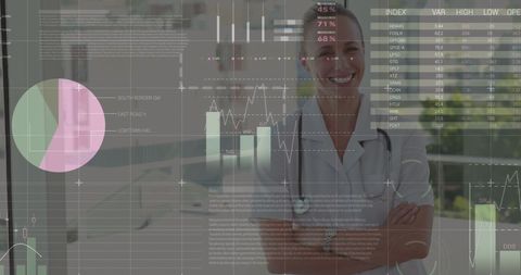 Smiling Female Doctor with Futuristic Data Interface Overlay