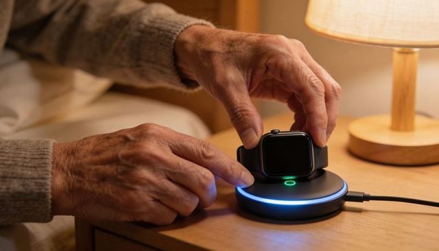 Senior hands placing smartwatch on wireless charger on wooden bedside table at night