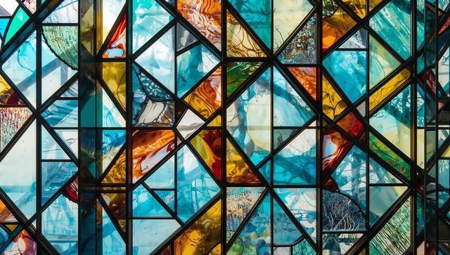Vibrant stained glass mosaic with intricate patterns