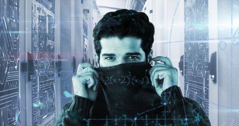 Mysterious Man in Server Room with Digital Math Overlay - Download Free Stock Images Pikwizard.com