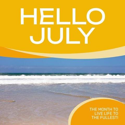 Composition of hello july text over sea and beach from Pikwizard