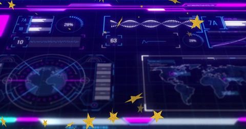 Futuristic holographic hud dashboard with globe, map and dna waveform neon interface