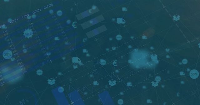 Digital innovation dashboard with data nodes and analytics graphics