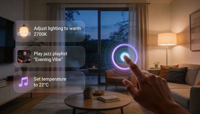 Hand touching holographic smart home controls in cozy midcentury living room evening