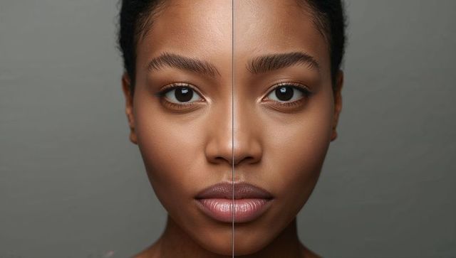 Split-screen skin comparison showing young woman before and after retouching closeup