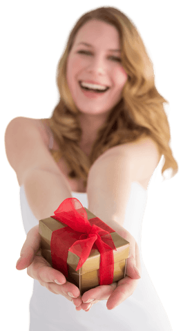 Woman Offering Transparent Gift Wrapped with Red Bow