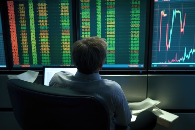 Rear of male broker and stock exchange data on screens, created using generative ai technology - Download Free Stock Photos Pikwizard.com