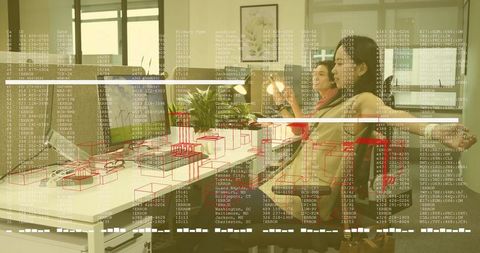 Business colleagues stretching in modern shared office environment