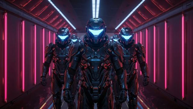Futuristic Soldiers in Exoskeleton Armor with Neon Lighting