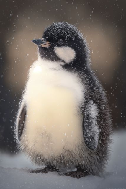 Penguin chick standing on snowy ground with snowflakes falling around. Perfectly showcases winter wildlife in cold environments. Ideal for educational content about penguins, kids' animal books, winter-themed designs, and nature photography portfolios.