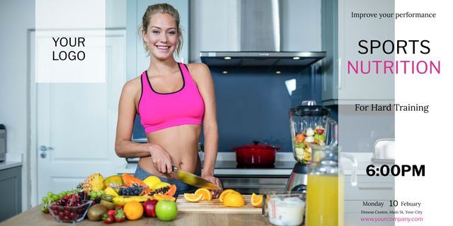 Fit woman smiling while preparing a nutritious meal in a sleek, contemporary kitchen surrounded by fresh fruits and vegetables. Image symbolizes wellness and vitality, ideal for use in fitness blogs, healthy diet plans, sports nutrition promotions, wellness centers, and lifestyle articles emphasizing healthy eating habits and active living.