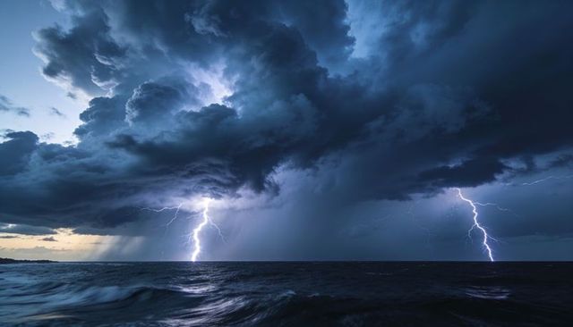 Twin lightning striking ocean under towering cumulonimbus clouds at dusk