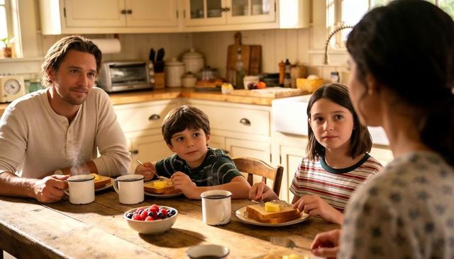 Cozy farmhouse family breakfast at rustic wooden table with toast, butter, enamel mugs