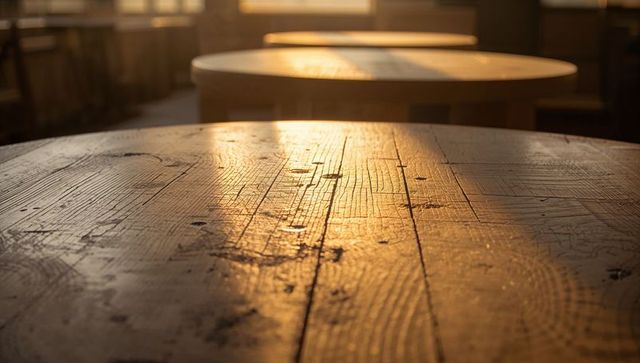Golden-hour sunlight on weathered round wooden tabletop showcasing grain and scratches