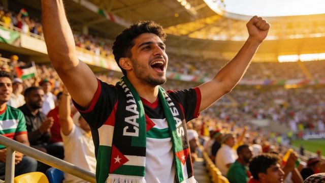 Young male fan cheering and raising arms wearing flag scarf in vibrant stadium crowd