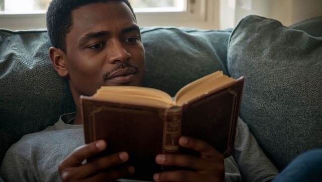 Calm young man reading vintage hardcover book on teal-gray couch in sunlit living room