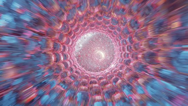 Vibrant Digital Tunnel with Spiraling Light and Geometric Forms