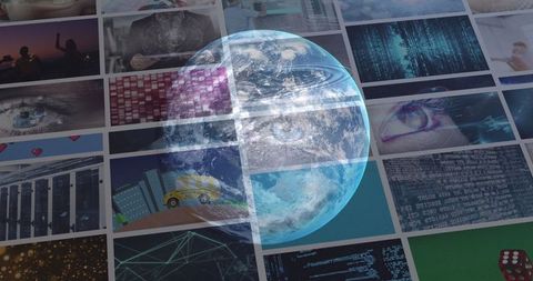 Rotating Globe Overlapping Digital Screens Illustrating Global Technology Connections