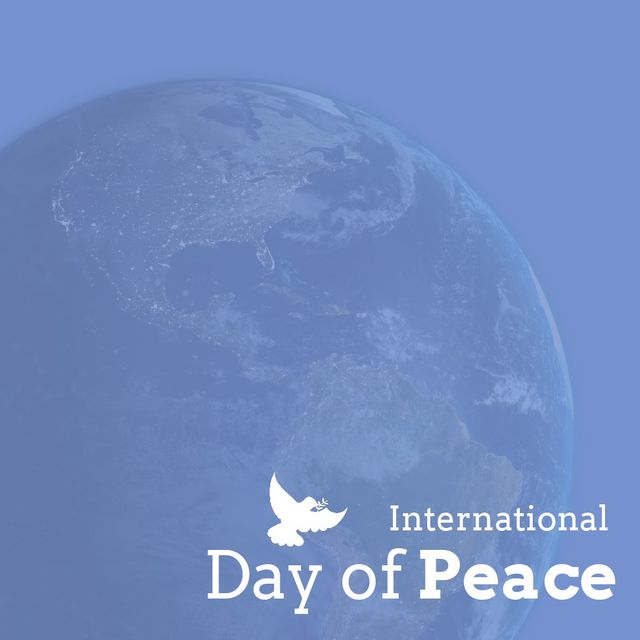 Digital image of pigeon symbol and international day of peace text with globe, copy space. Avoid war and violence, celebration, commemorating and strengthening ideals of peace, spread kindness.