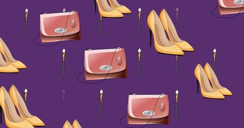 Chic accessories pattern with heels, purses, and brushes on purple background