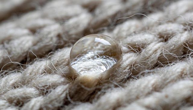 Water droplet beading on natural wool knit macro texture