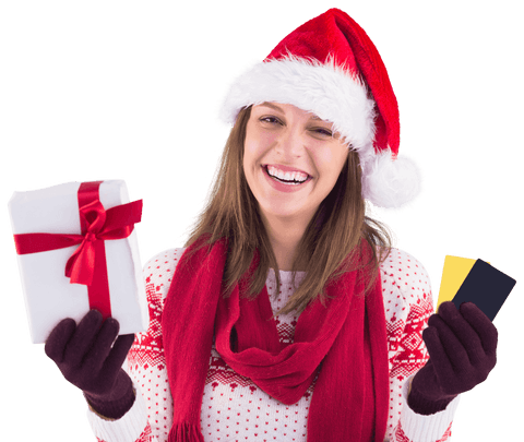 Smiling Woman Holding Christmas Gift and Credit Cards Transparent Background