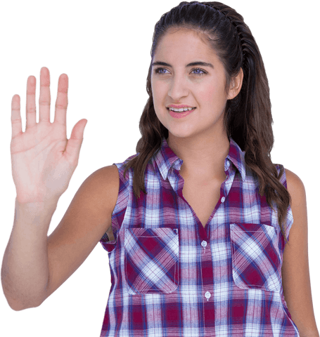 smiling woman raising hand in sleeveless plaid shirt transparent background - Download Free Stock Videos Pikwizard.com