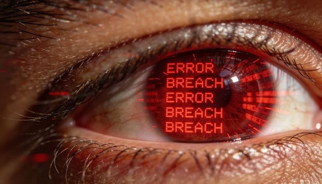 Close-up eye reflecting red error breach hologram conveying cybersecurity breach alert
