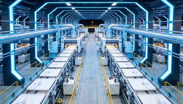 High-tech automated factory conveyor lines with cyan led frames and stainless ductwork
