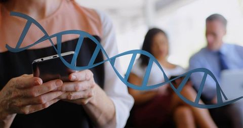 Businessperson using smartphone with floating dna helix overlay representing mobile genomics