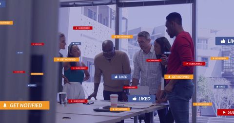 Diverse Team Discussing Digital Strategy with Social Media Overlays - Download Free Stock Images Pikwizard.com