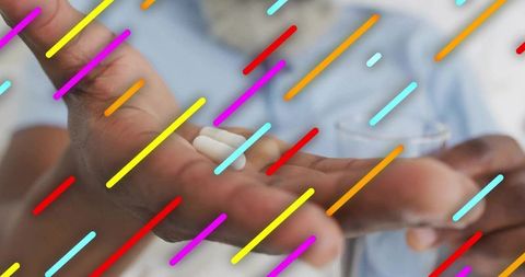 Man taking medication at home with colorful diagonal line overlay
