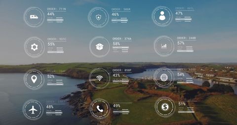 Digital Data Interface Overlaying Seaside Landscape - Download Free Stock Images Pikwizard.com