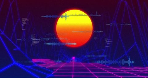 Neon Sunset Synthwave Horizon with Glowing Sun, Magenta Grid and Retro-Futuristic Wireframe