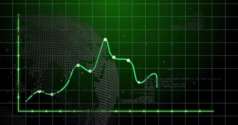 Neon Green HUD Analytics Line Graph with Node Markers and Halftone Globe Visualization