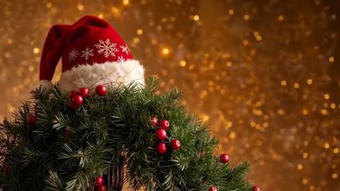 Zooming reveal of Christmas wreath topped with Santa hat and red berries against gold bokeh