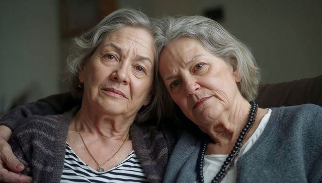 Two senior women leaning together on couch sharing companionship, warmth and quiet strength